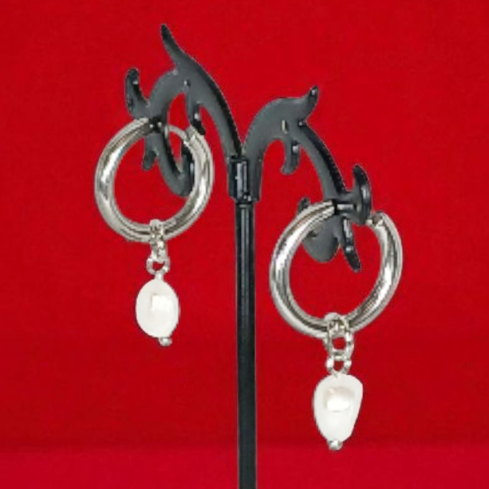 Silver Hoops Interchangable Pearl & Hot Pink Enamel Charms Mod 1960s Dopamine - Picture 5 of 10